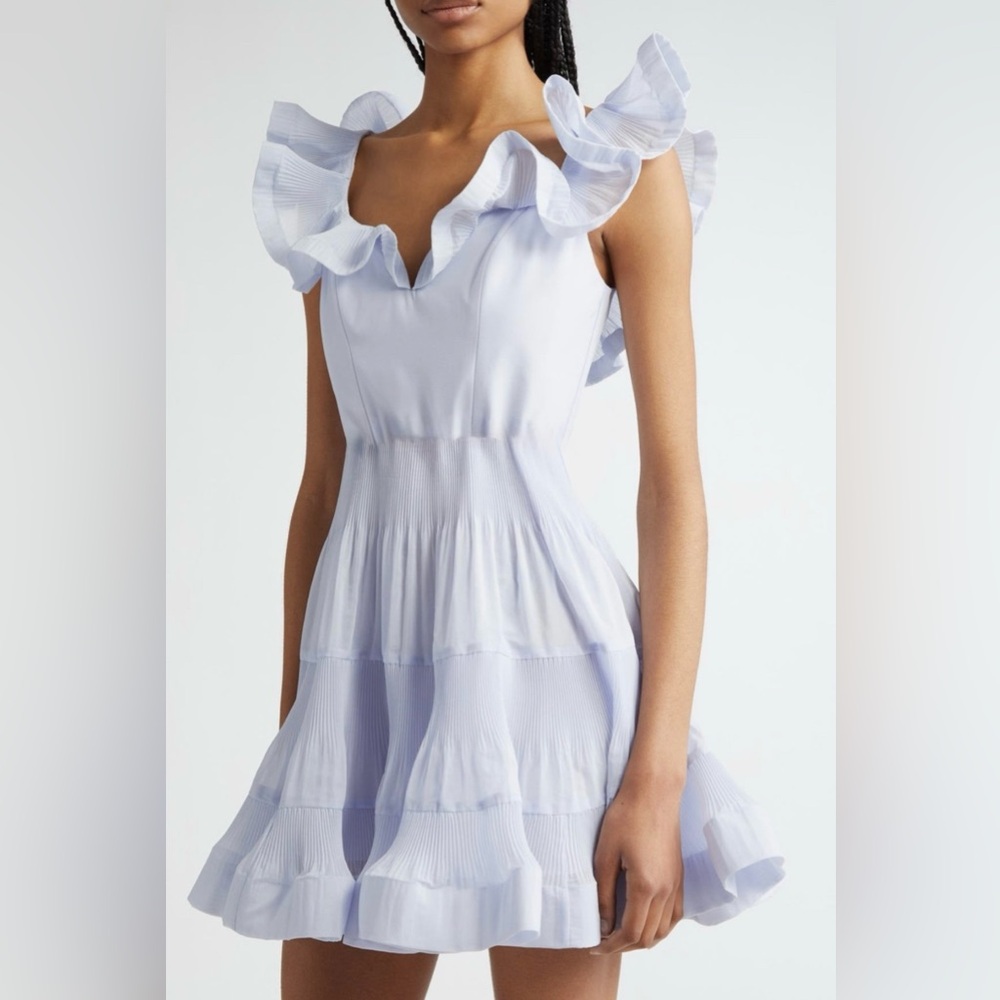 Zimmermann Pleated Frill Tiered Mini Dress Ruffle in Light Blue Size 0P